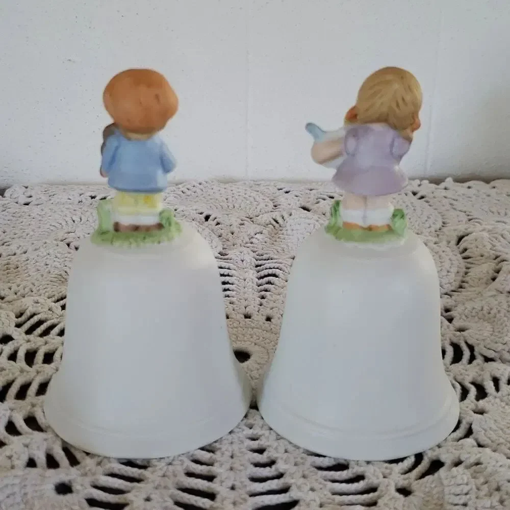 Cute Pair Vtg Homco Porcelain Bells Boy Girl Playing Instruments Floral Design